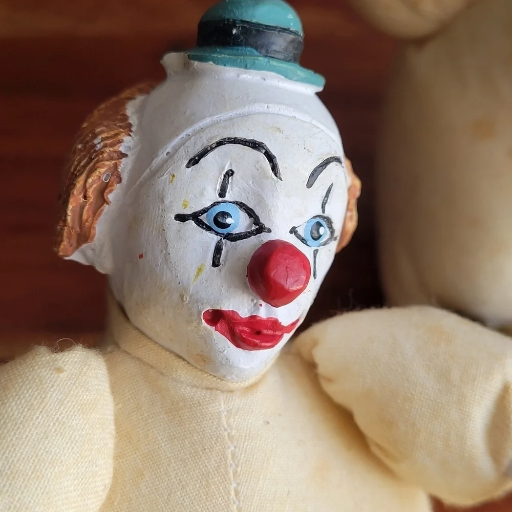 Set of 2 Vintage Porcelain Clowns Head, Hands, Feet Porcelain Hat Stuffed Body